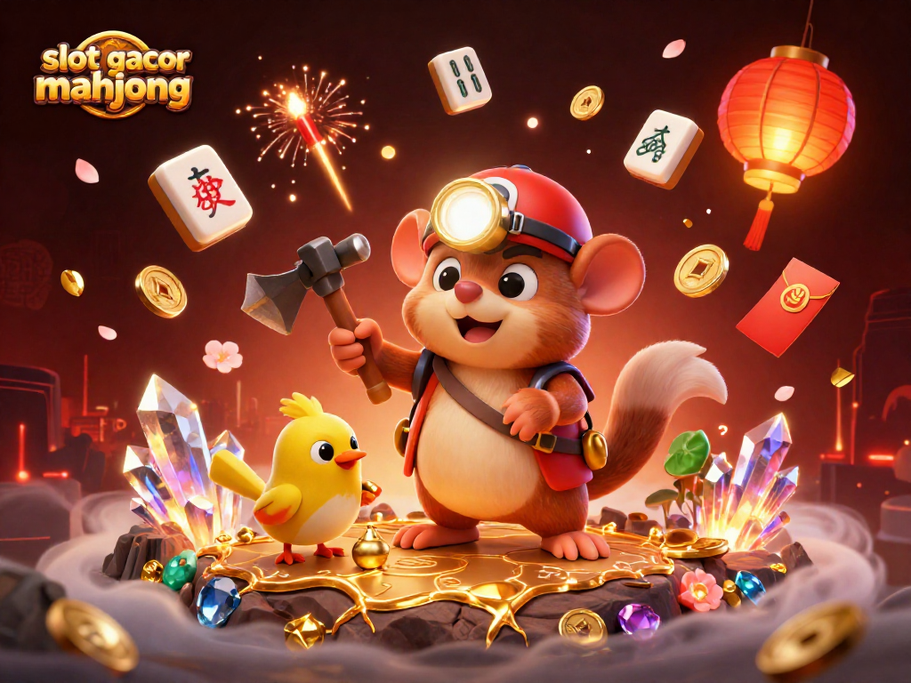 Experience thrilling adventures in slot gacor mahjong with a cartoon mining scene full of treasures.