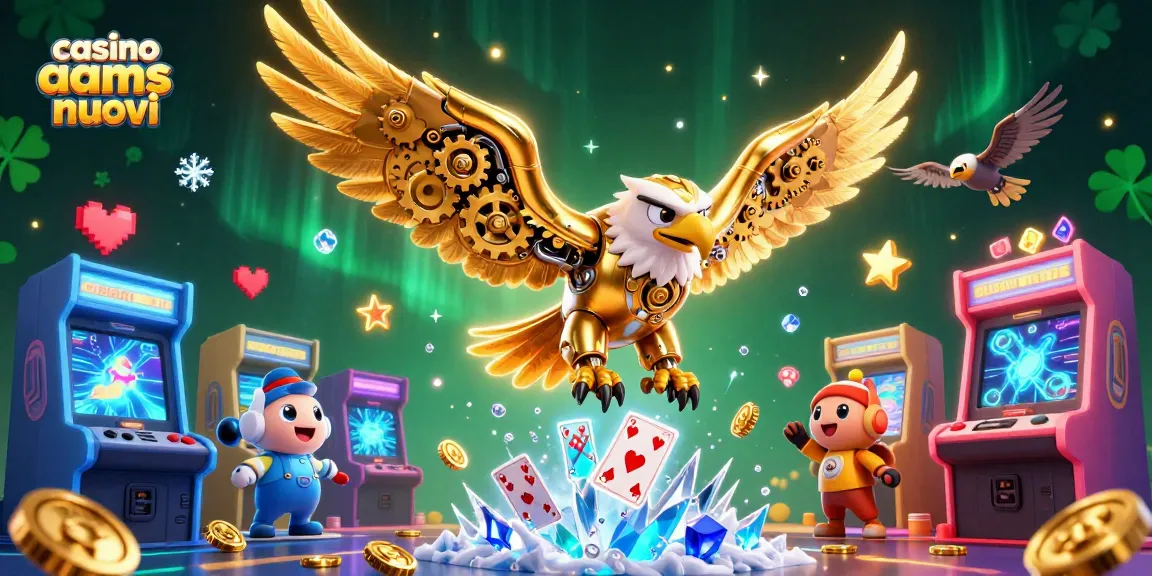 Esplora le nuove opportunità nei casino aams nuovi con un'aquila dorata tra carte virtuali e macchine da gioco.