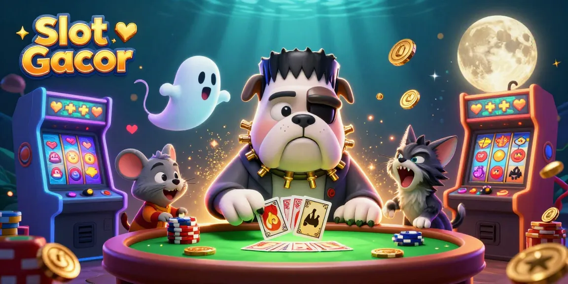 Menang besar dengan Slot Gacor, menggambarkan Frankenstein bulldog mengocok kartu.