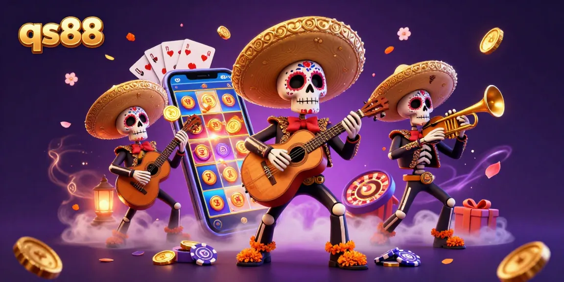 Experience the vibrant world of qs88 with a lively mariachi band surrounded by dynamic casino elements.