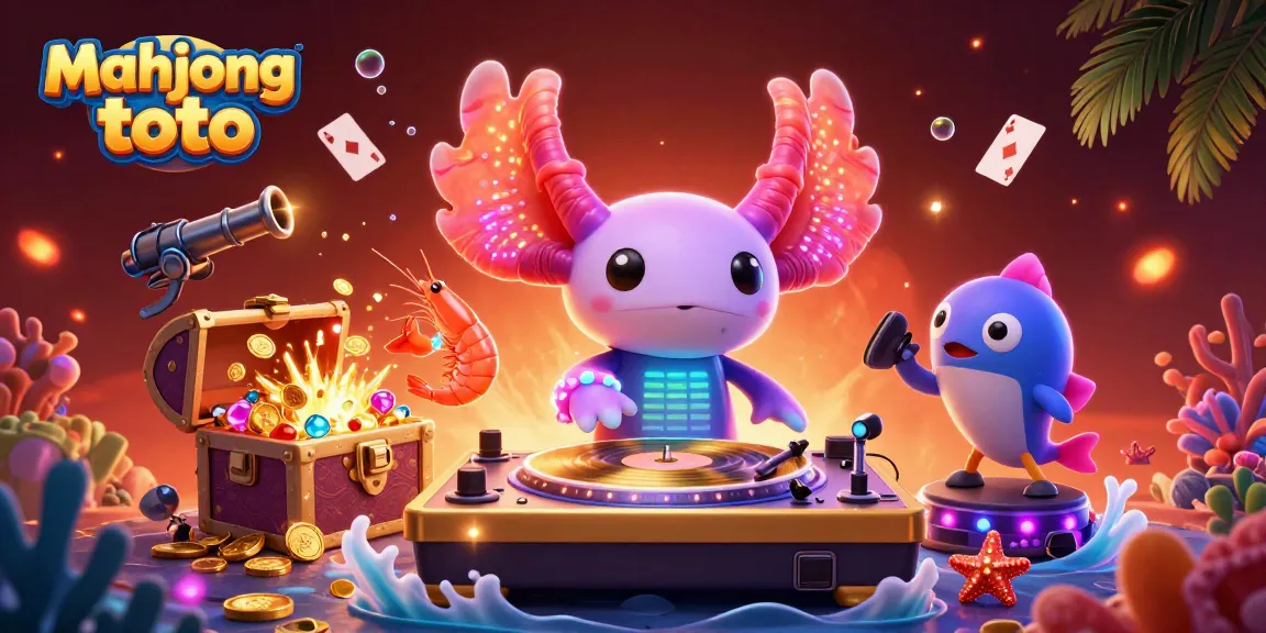 Experience mahjong toto excitement with vibrant underwater scene of an axolotl DJ and friends.