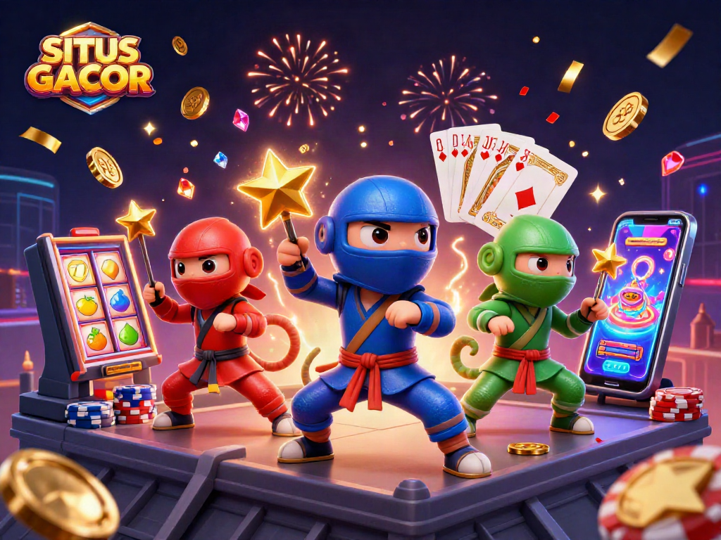 SITUS GACOR showcases a dynamic scene with a ninja chameleon team amidst vibrant casino elements.