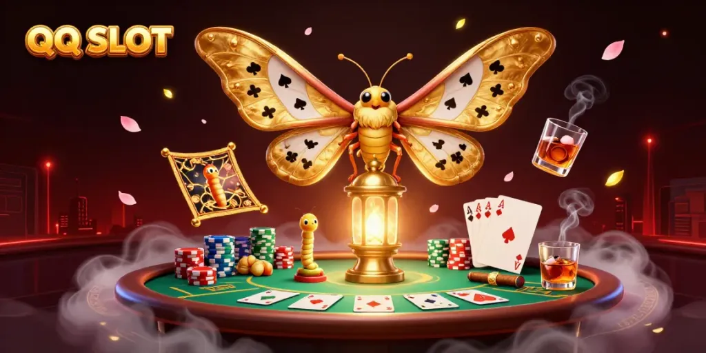 Experience exciting QQ SLOT gameplay with dynamic casino scenes featuring golden moths and poker elements.