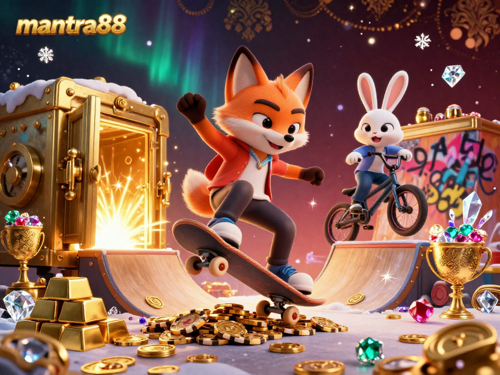 Experience the thrill of mantra88 as our daring fox performs a kickflip over golden poker chips.