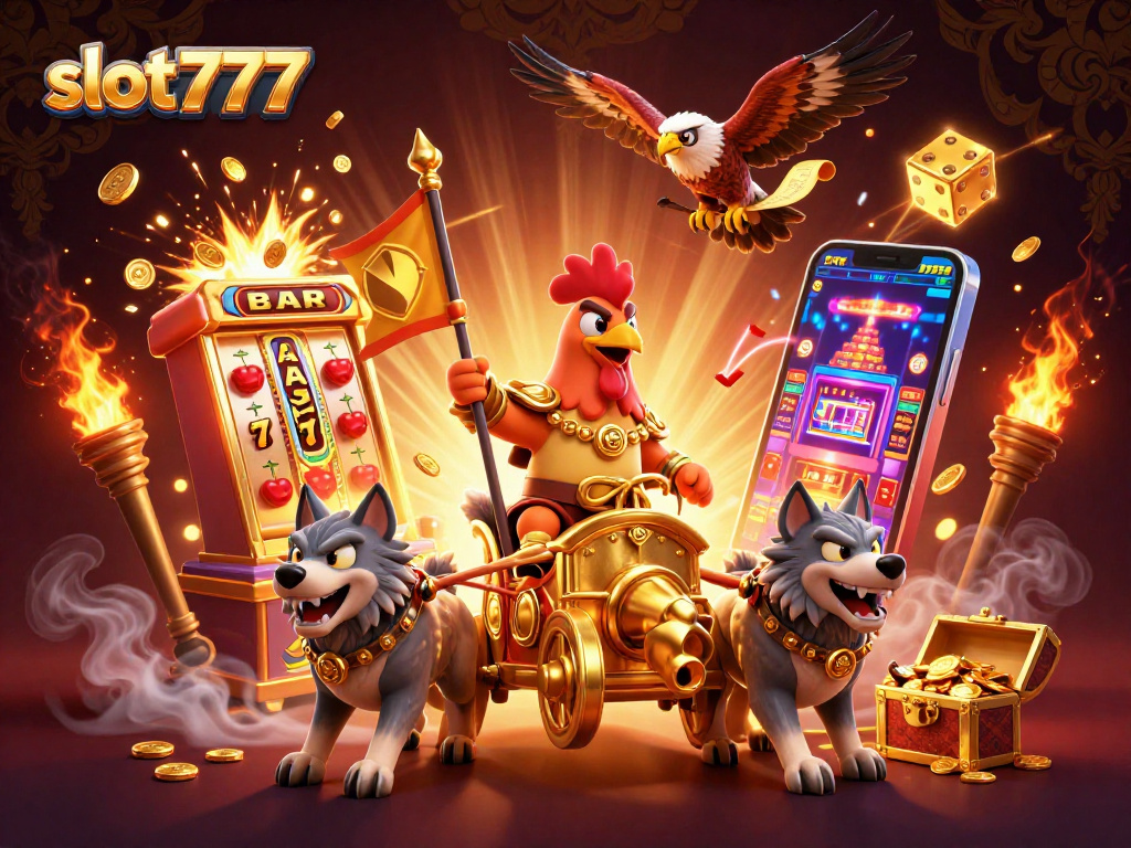 Experience thrilling gameplay at slot777 with vibrant illustrations of a rooster warlord and jackpot excitement!