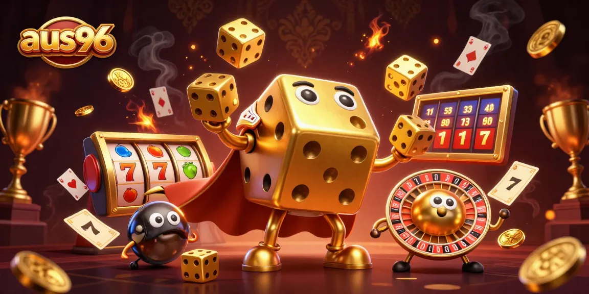 Experience the thrill of gaming at aus96 with a dynamic illustration of a golden dice golem and exciting slot symbols.