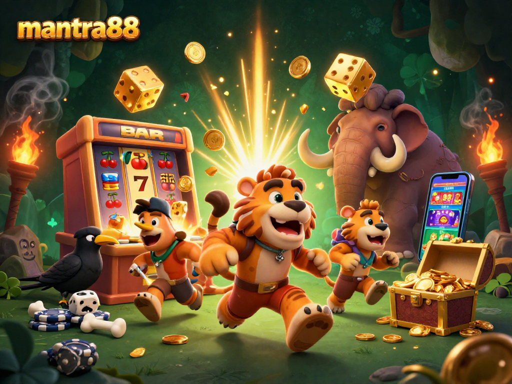 Experience thrilling wins at mantra88 with a vibrant casino scene featuring cavemen and abundant treasures.