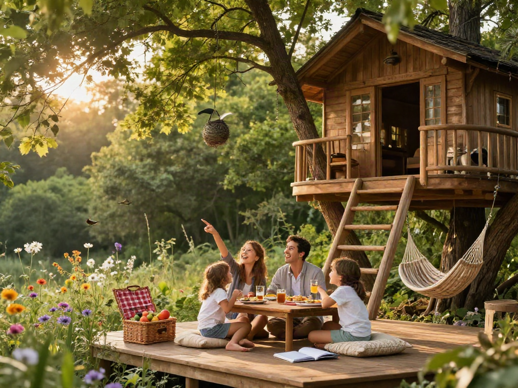 Family enjoying tree house life outdoors with picnic setup in a forest.