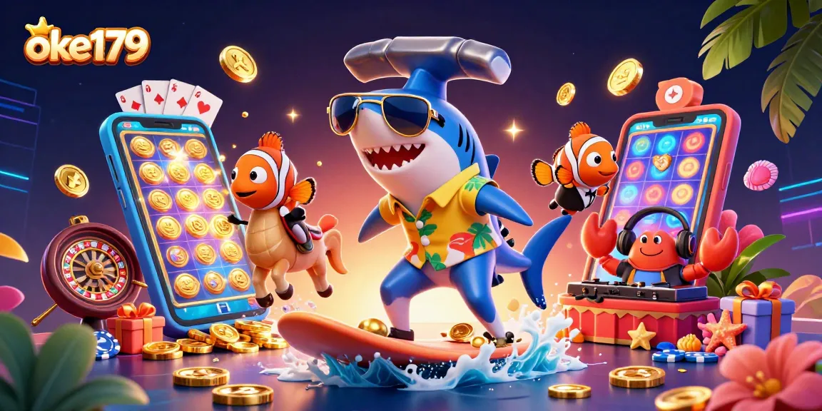 Experience thrilling gameplay with oke179's vibrant 3D gaming scene featuring unique characters and casino elements.