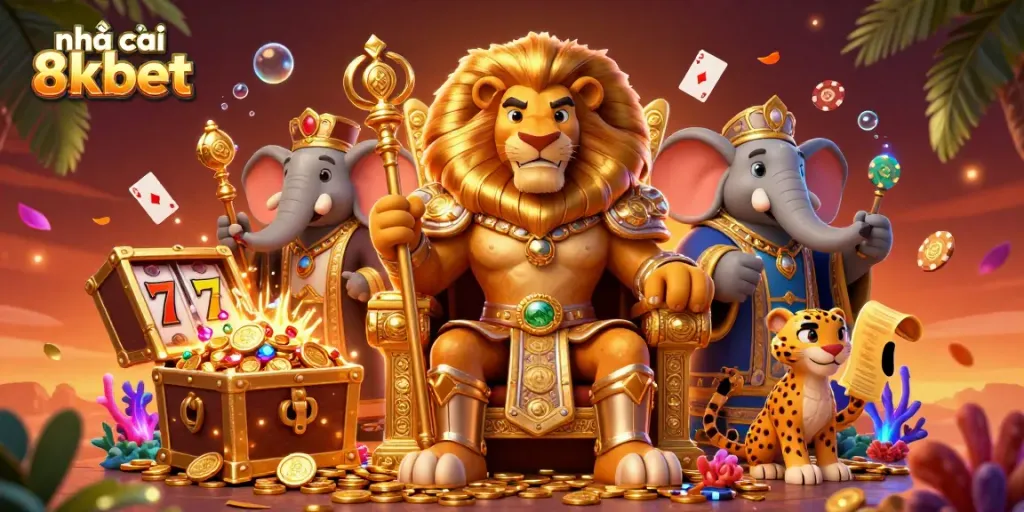 Experience the thrill of games at nhà cái 8kbet with a vibrant 3D cartoon illustration featuring a royal lion king and his advisors surrounded by casino elements.