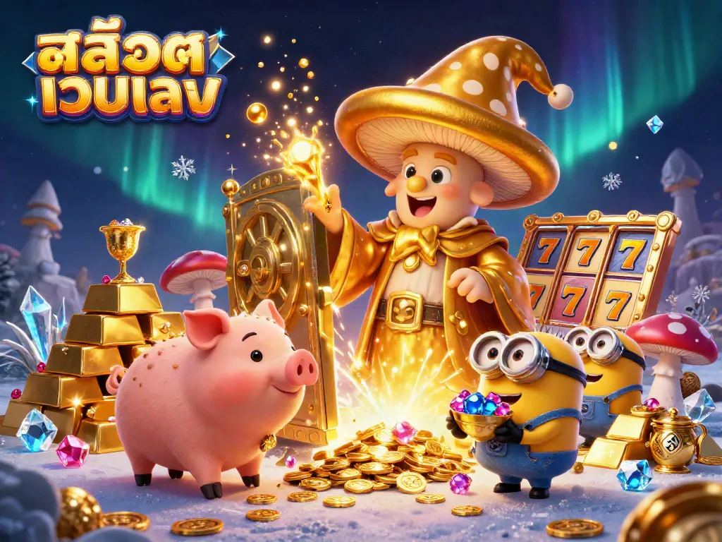 Experience magical treasure with สล็อตเว็บตรง in an enchanting 3D scene featuring wizards and treasures.