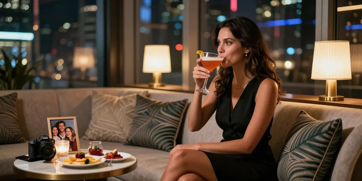 Hình ảnh gái gọi đang thưởng thức cocktail trong không gian sang trọng, thể hiện sự quyến rũ và phong cách sống hiện đại.