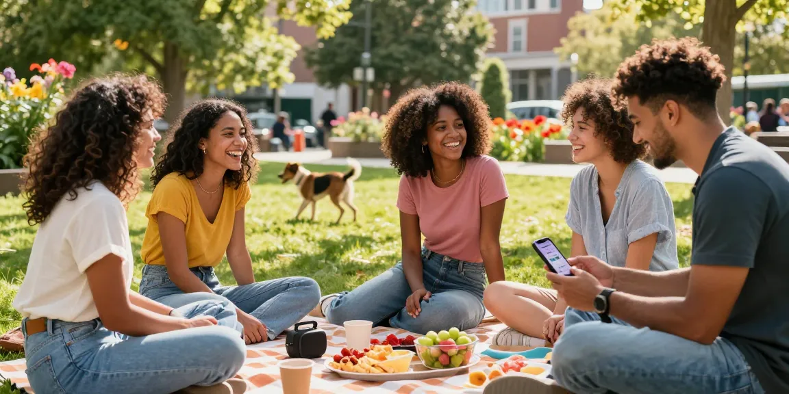 Engaged singles enjoying meaningful conversations while using a dating app in a vibrant urban park setting.