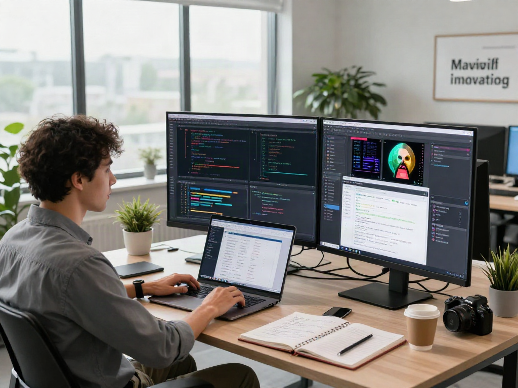 AI-Generated Image Detection technology in a modern office setup with screens displaying algorithms and analysis.