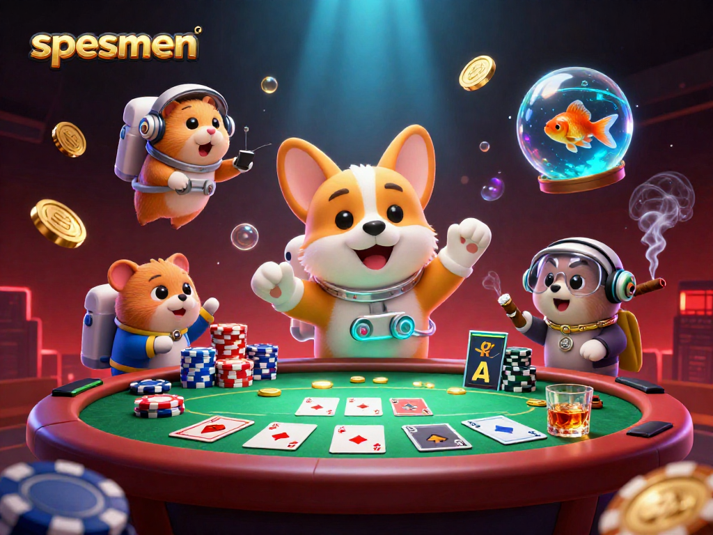 Experience the excitement of spesmen in a vibrant space casino scene filled with floating poker elements.