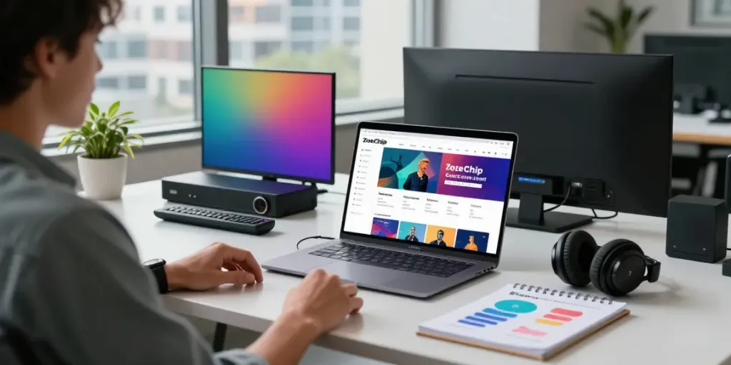 ZoeChip analysis scene featuring a user evaluating streaming services with modern tech and urban backdrop.