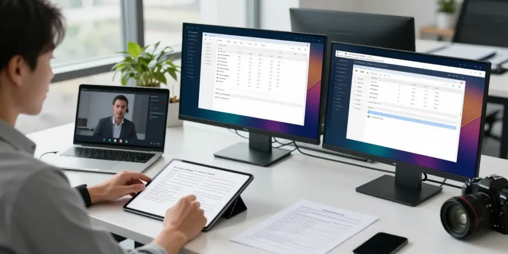 Tax software for new tax business displayed at a modern workstation with multiple screens.