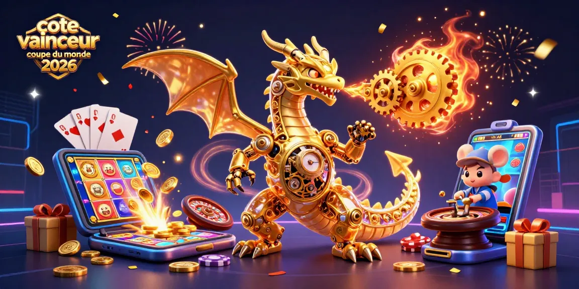 Illustration dynamique avec la cote vainqueur coupe du monde 2026, dragon doré et engineer, ambiance festive.