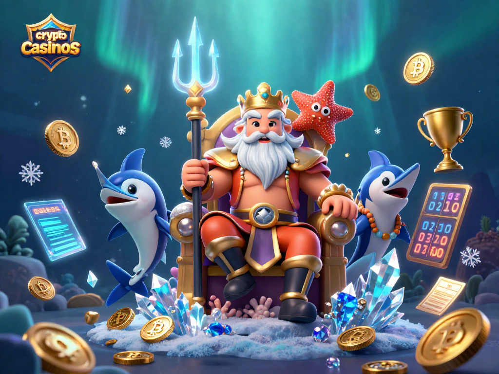 Explorez les crypto casinos avec la magie de Neptune, des éléments de blockchain et des pièces d'or scintillantes.