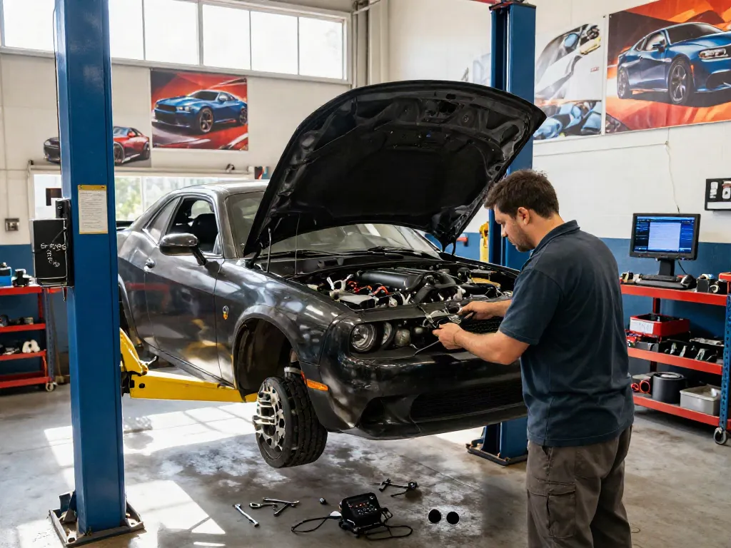 High-performance Hellcat motor for sale in a workshop, showcasing detailed inspection and mechanical tools.