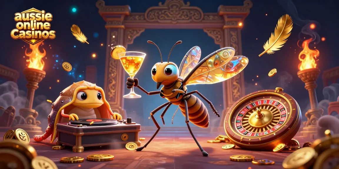 Engaging scene of aussie online casinos with a unique cocktail-holding mosquito mascot and trilobite DJ.