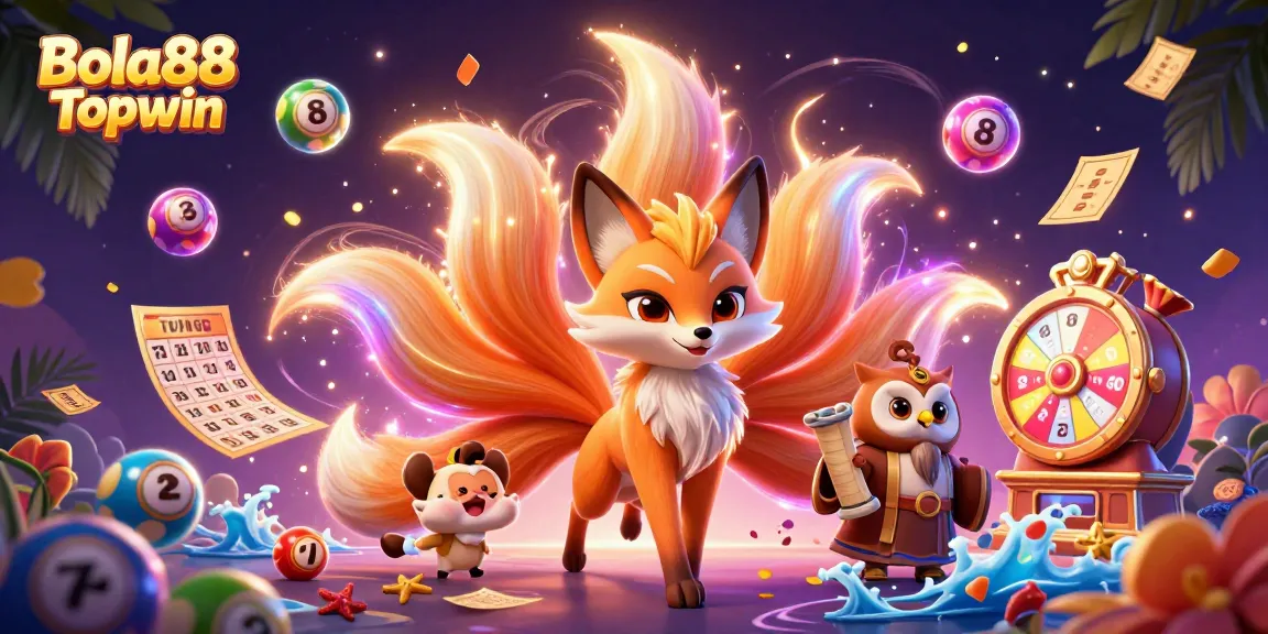 Bola88 Topwin offers an engaging 3D illustration of a vibrant casino scene with dynamic lottery elements.
