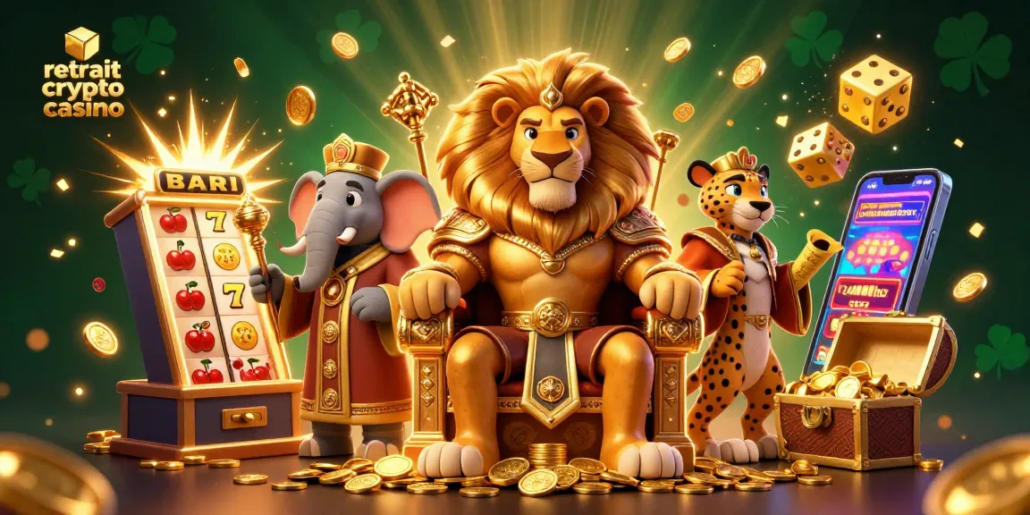 Visuel dynamique du retrait crypto casino illustrant un roi lion et des éléments de casino riches