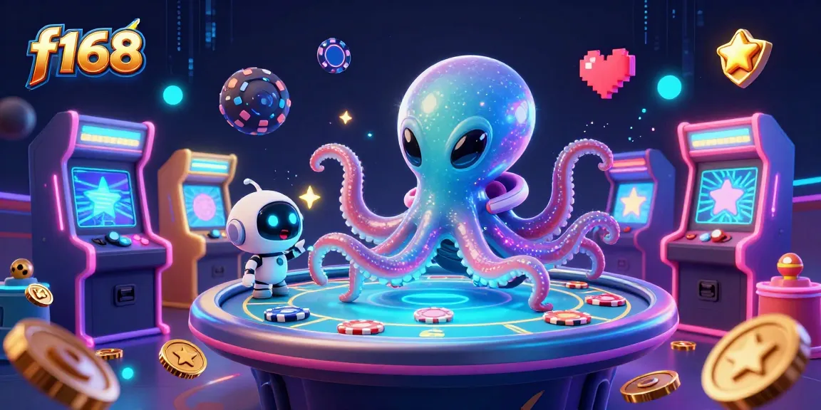 f168 showcases an alien octopus at a holographic poker table in a vibrant gaming scene.