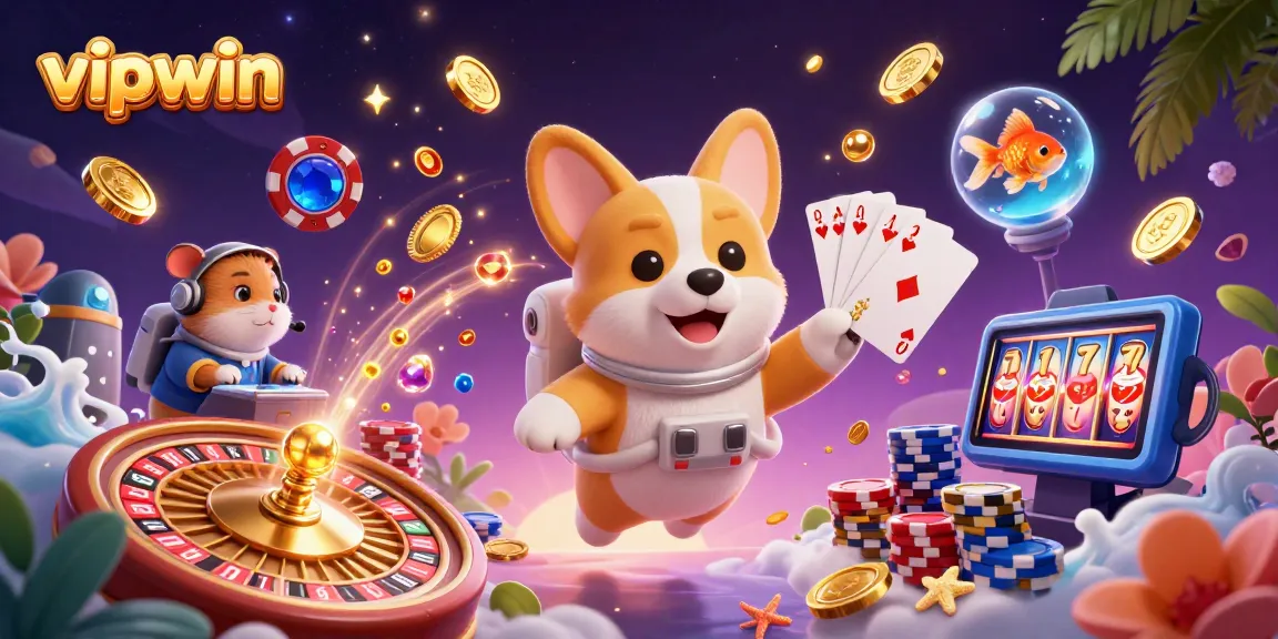 Experience the thrilling excitement of vipwin's online gaming with floating coins and vibrant characters!
