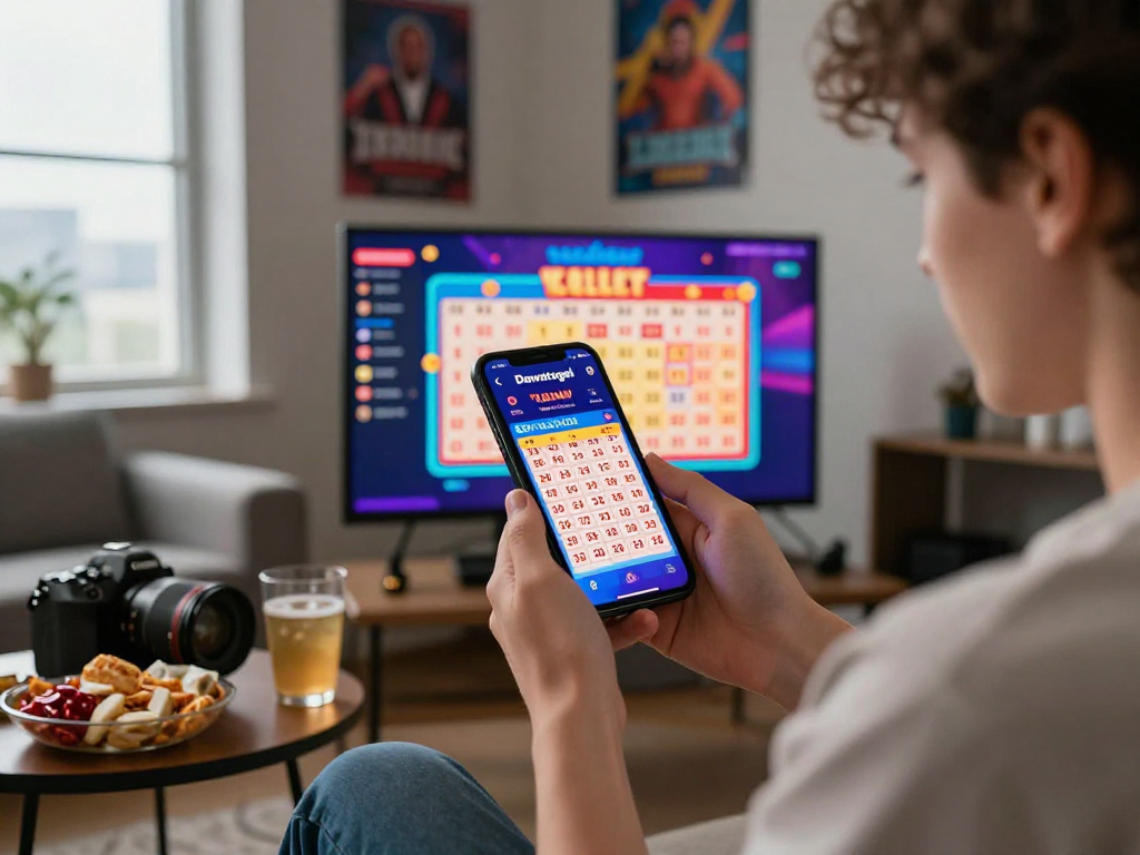 Dewatogel user engaging with lottery platform on smartphone, showcasing online gambling convenience.