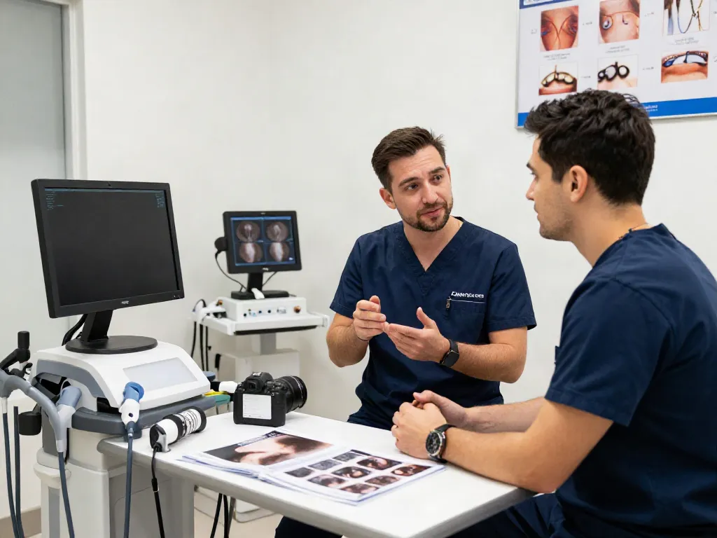 Patient discussing hair transplant options with a surgeon in a modern clinic.