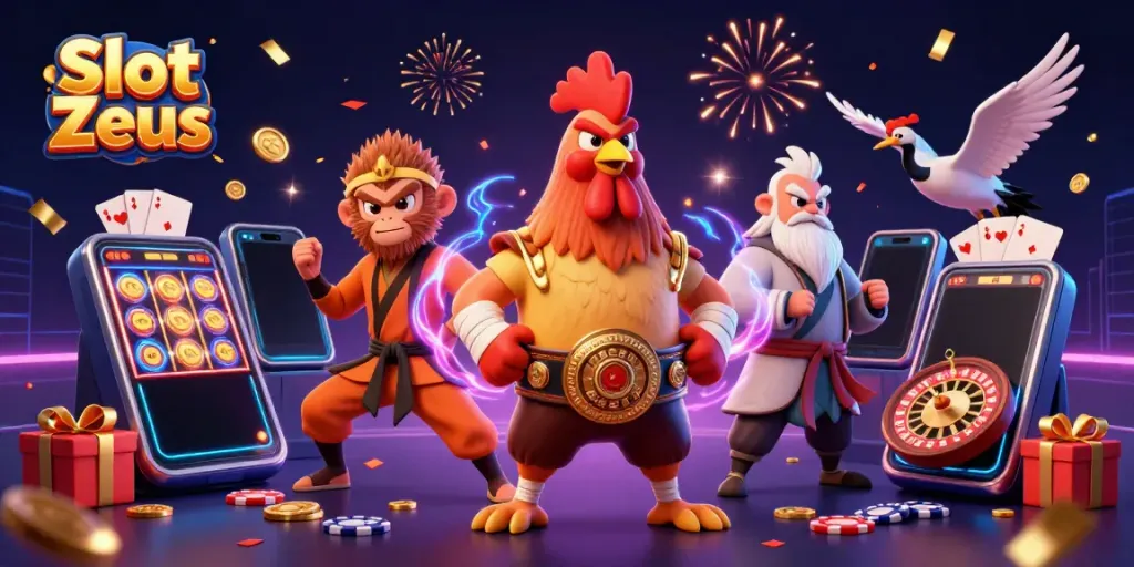 Spin the reels with Slot Zeus in a vibrant 3D illustration featuring dynamic characters and casino action.