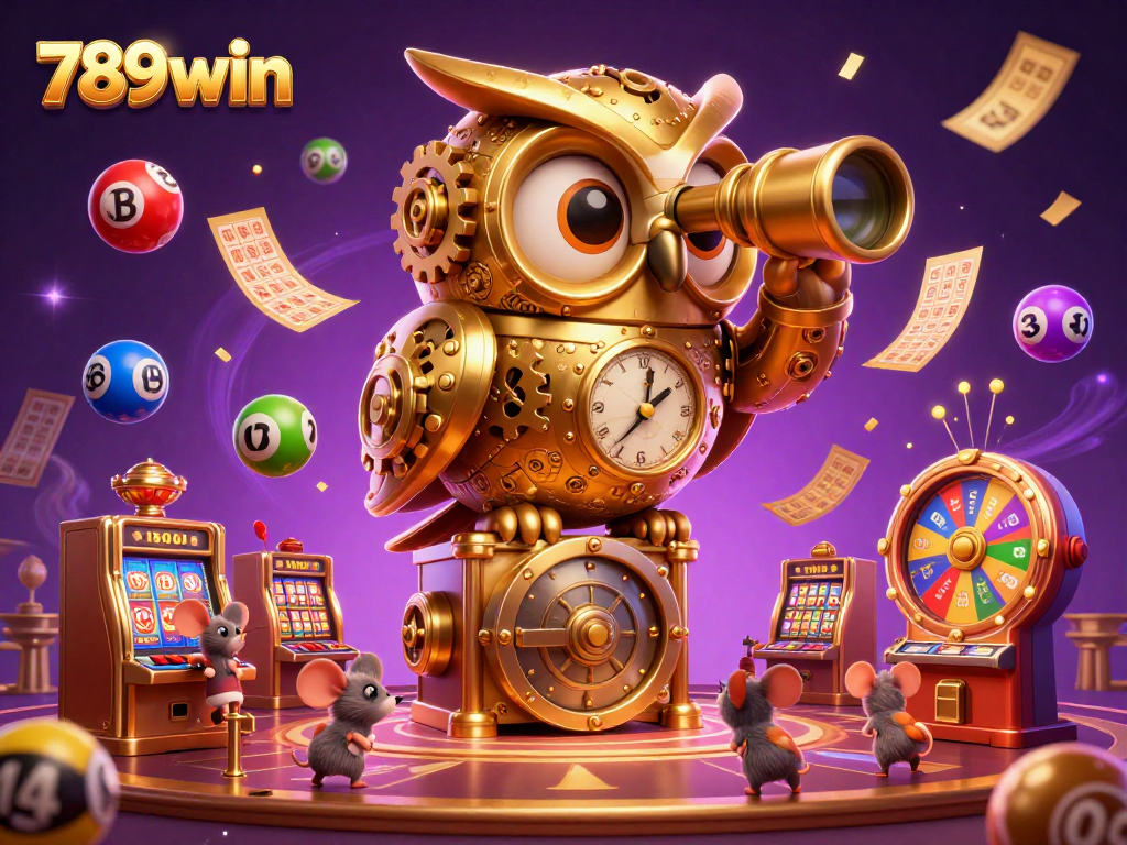 Experience the excitement of 789win with dynamic lottery elements and a golden owl guardian in this vibrant casino scene.