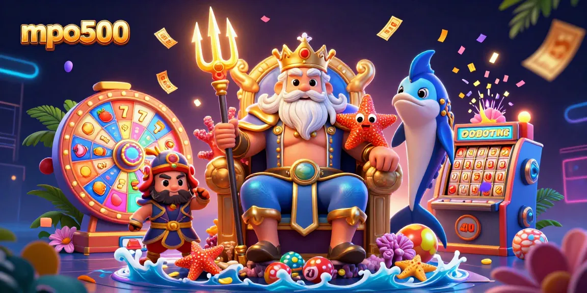 Engage with mpo500's vibrant slot games featuring Neptune and an energetic casino scene.