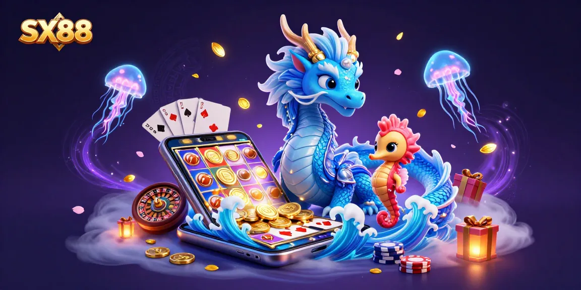 SX88 immerses players in thrilling gaming with a vibrant dragon and coral knight in a magical casino atmosphere