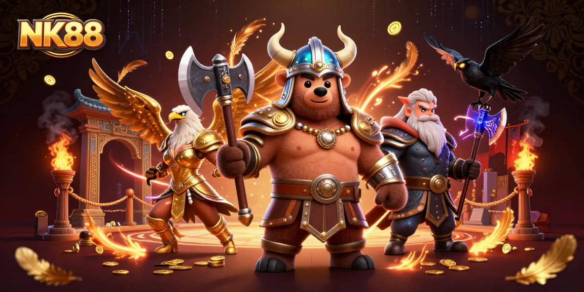 Engage in thrilling gameplay with NK88 featuring intense Viking action and vibrant casino elements.