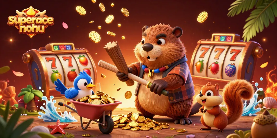 Experience the excitement of superace-nohu as a beaver collects gold coins amidst vibrant slot elements.