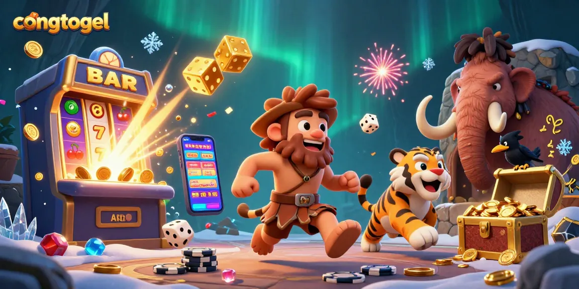 Experience the thrill of congtogel with a dynamic gambling scene featuring cavemen and a tiger at their casino.