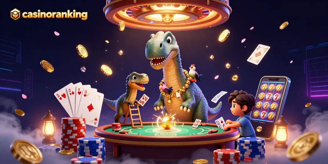 Experience exciting casino action at casinoranking with a playful dinosaur and raptor dealer.