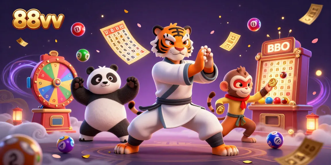 Experience the excitement of 88vv with a dynamic scene of lottery elements and playful characters.