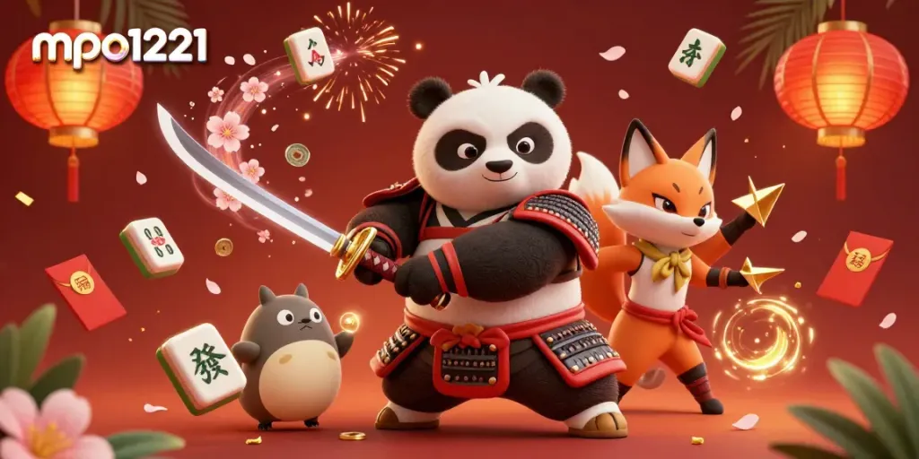 Engage with mpo1221 in a vibrant cartoon scene featuring a samurai panda and ninja fox amid casino decor.
