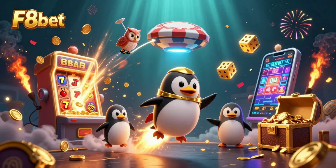 Engage in thrilling gameplay with F8bet's dynamic 3D casino space illustration featuring vibrant characters.