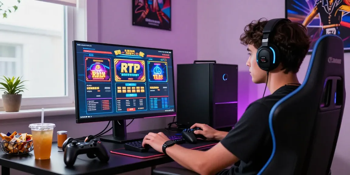 Gamer engaging with vibrant RTP slot games at https://www.benmillerband.com/, showcasing a dynamic online gaming environment.