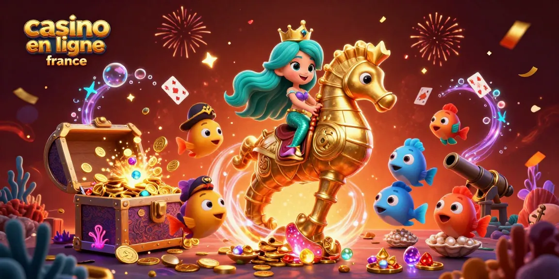 Illustration 3D d'une princesse sirène et son hippocampe, avec des éléments de casino en ligne France.