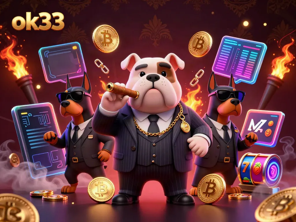 Experience thrilling slots with ok33, featuring a mafia boss and Doberman guards amidst vibrant casino elements.