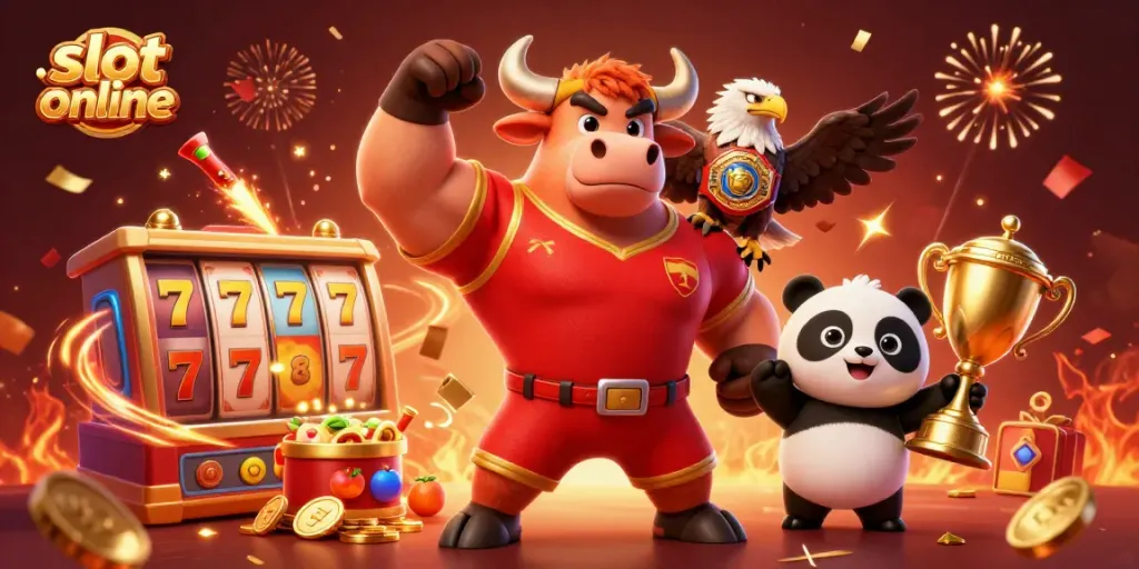Menangkan slot online dengan karakter menarik dan elemen keberuntungan dalam ilustrasi kasino yang meriah.