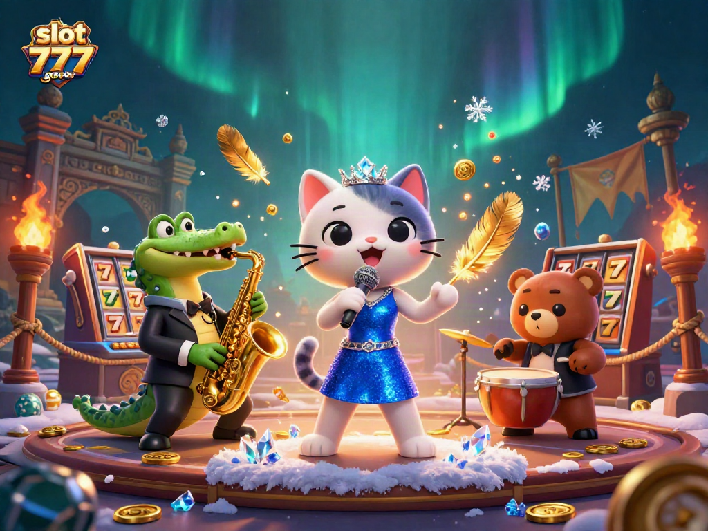 Experience wins and excitement with slot 777 gacor in this vibrant casino scene showcasing musical characters!