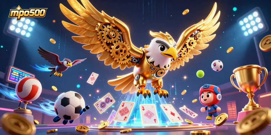 Experience the excitement of mpo500 with a dynamic 3D illustration of a cybernetic eagle in a casino scene.
