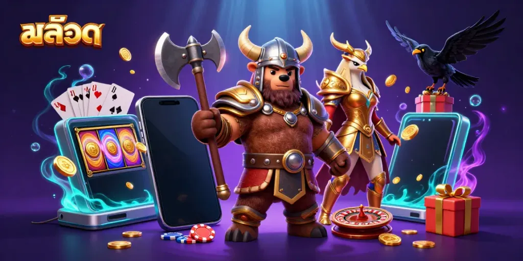 Play exciting สล็อต games as Viking characters battle alongside slot elements in a vibrant scene.