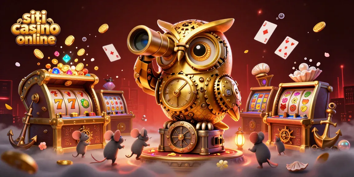 Gioca sui siti casino online con l'illustrazione di un gufo d'oro e topolini tra le slot machine
